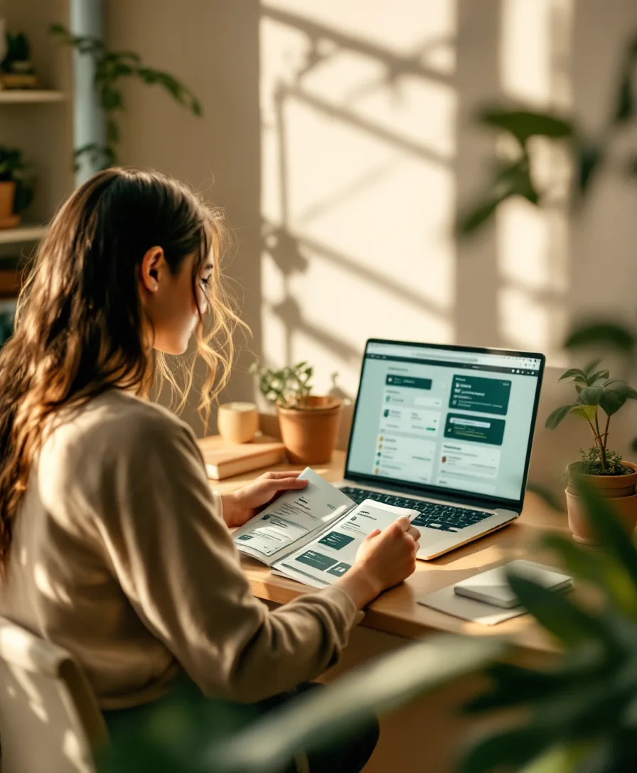 An Elderyard editor comparing localized app screens against printed proofs at a sunlit desk