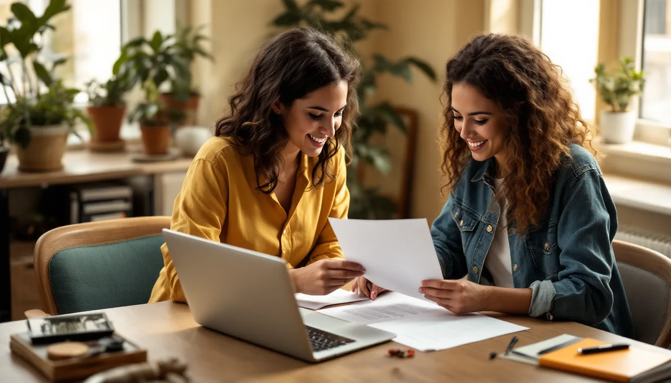 Two localizers reviewing printed copy beside a laptop at a wooden table